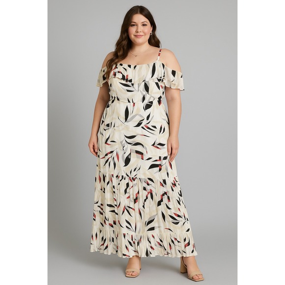 Lane Bryant Maxi Dress Womens 24 White Belted Chiffon Leaves Pleated Tier‎ Lined - Picture 1 of 16